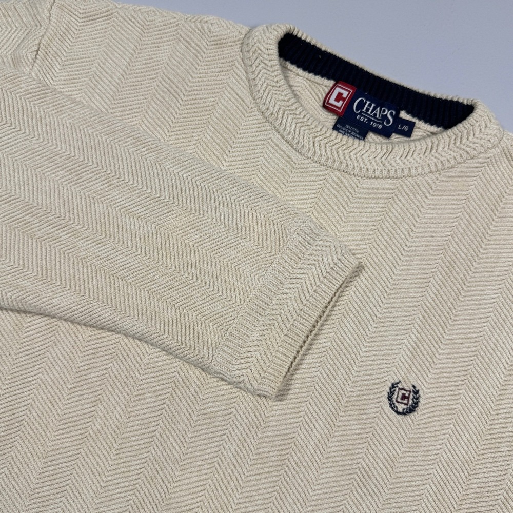 Chaps Mens Cream Herringbone‎ Knit Cotton Crewneck Sweater Large Logo Pullover